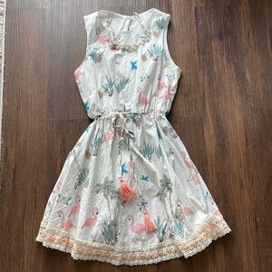 Tropical flamingo and palm tree print sundress dress
